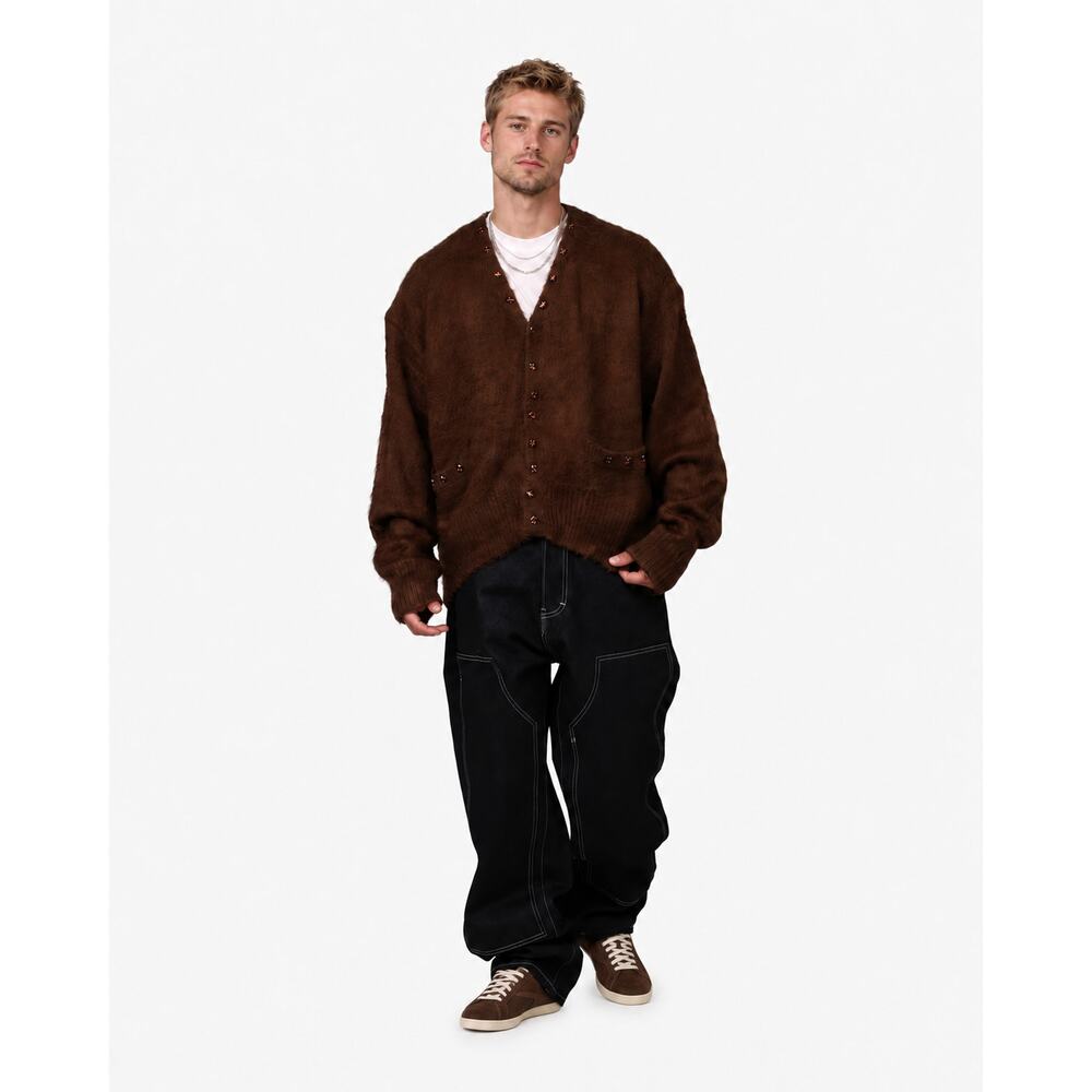 MNML Sky Jeweled Cardigan Sweater Men’s XL Brown Rhinestone Fuzzy Knit NWT Flaw - Picture 3 of 6